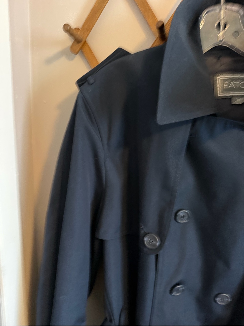 Vintage Eaton Mens Double Breasted Belted Trench Coat Dark Navy 42 Tall - Picture 5 of 12
